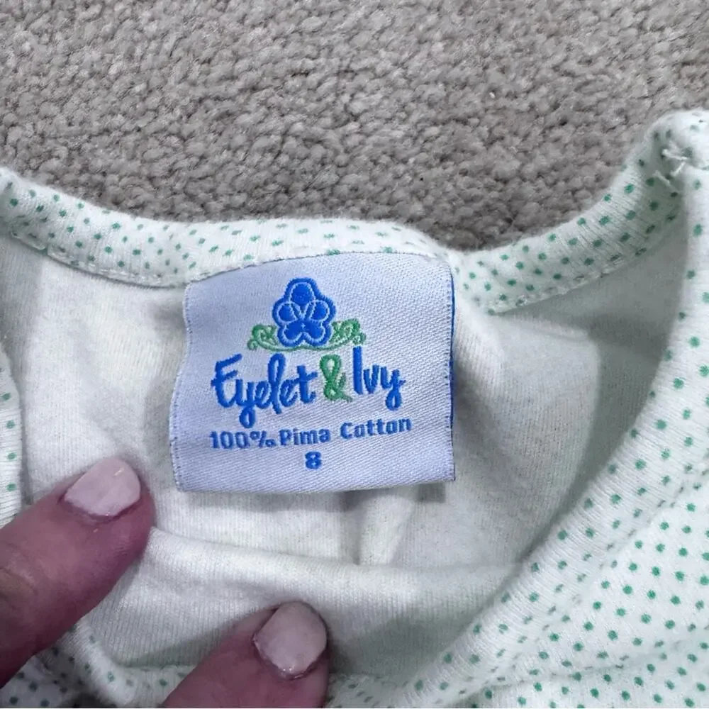 Girls Eyelet & Ivy White and Green Polka Dot Top and shorts set, size 8